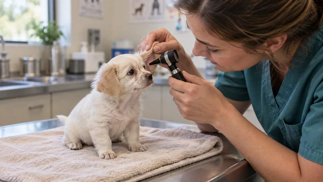 A vet checking a puppy's ear on an exam table