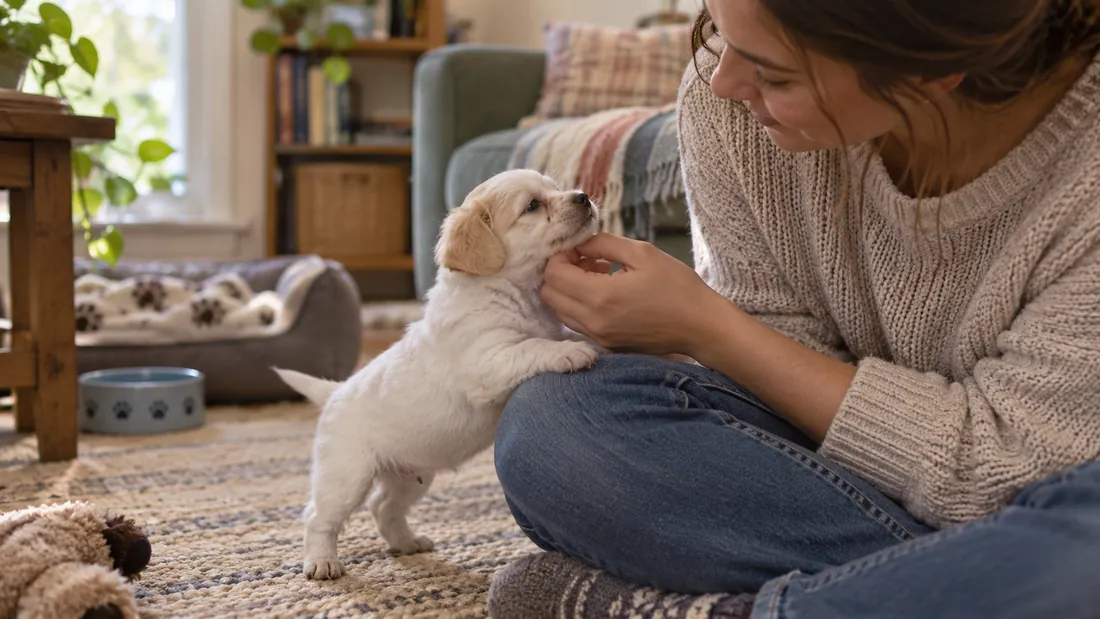A woman at home playing with a small white puppy