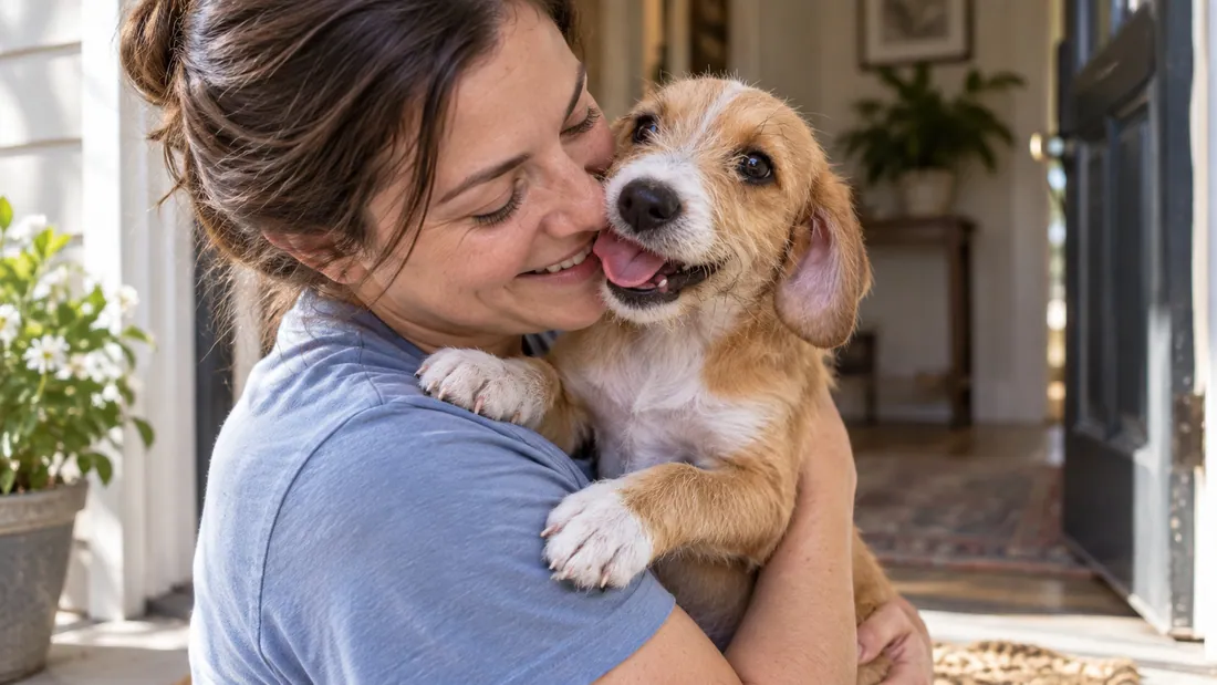 A smiling woman hugging a happy puppy at her front door