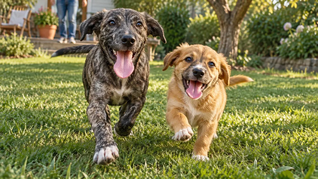 Two young dogs running across a garden lawn